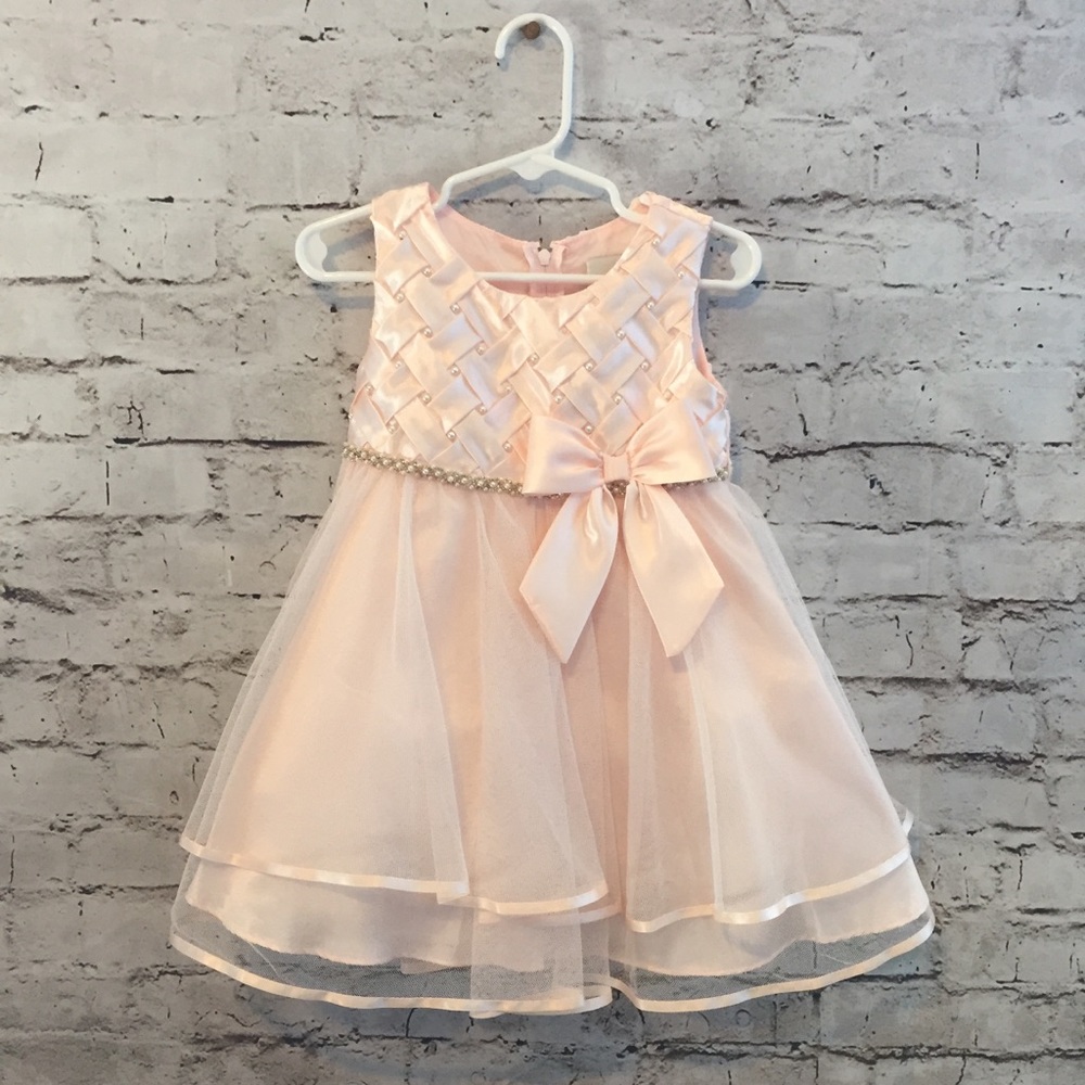 Girls Peach Fancy Dress Pearl Bead Details 2T